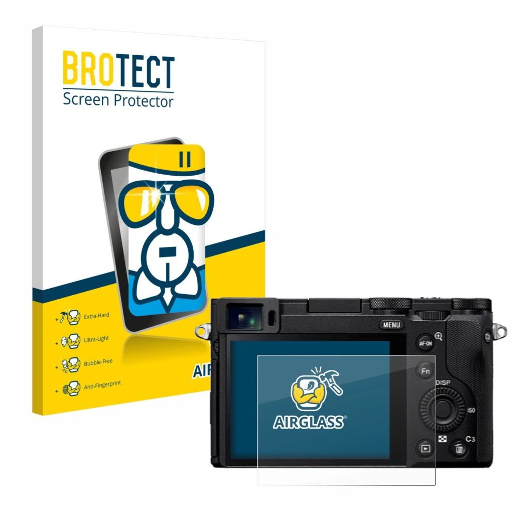 Front side of a product packaging with the brand logo BROTECT. Next to it is the device Sony RX1R III shown with the correspon