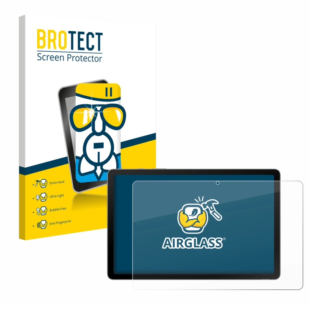 Front side of a product packaging with the brand logo BROTECT. Next to it is the device Samsung Galaxy Tab S10 Lite shown with