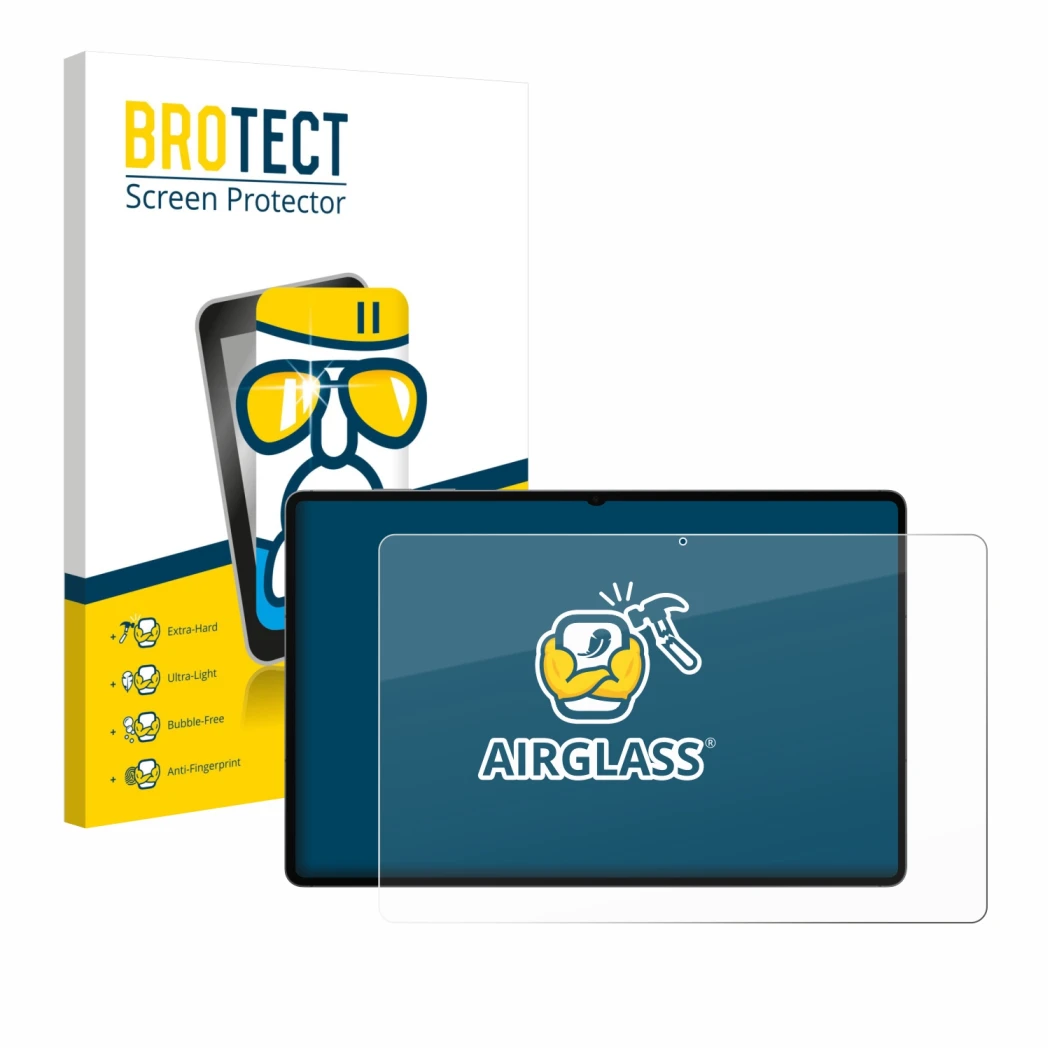 Front side of a product packaging with the brand logo BROTECT. Next to it is the device Samsung Galaxy Tab S11 Ultra shown wit