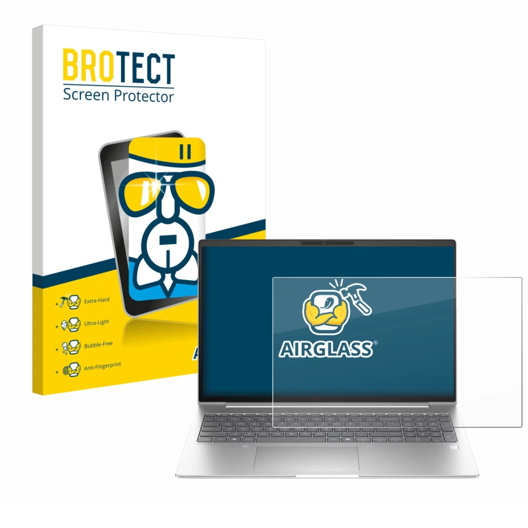 Front side of a product packaging with the brand logo BROTECT. Next to it is the device HP EliteBook 6 G1i 13 shown with the c