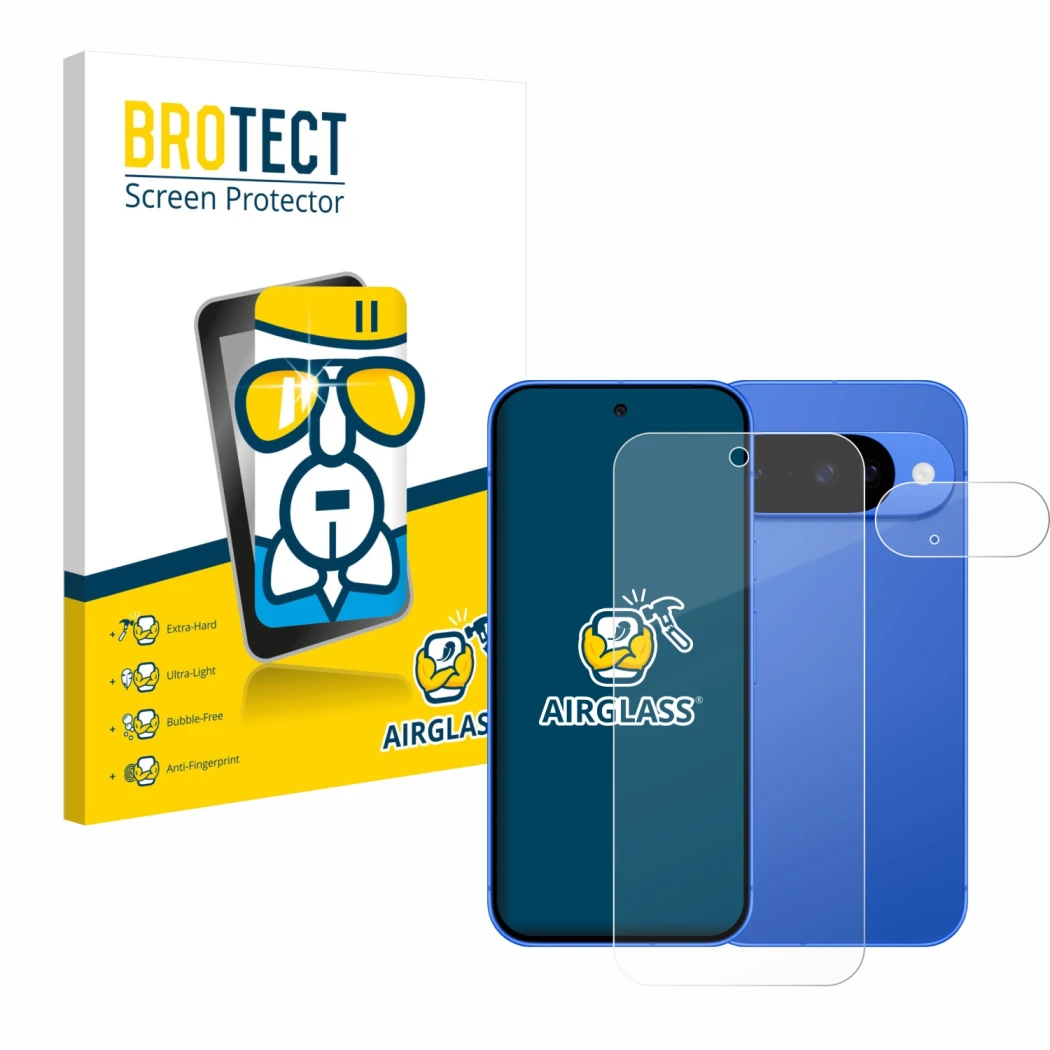 Front side of a product packaging with the brand logo BROTECT. Next to it is the device Google Pixel 10 (Front+Camera) shown w