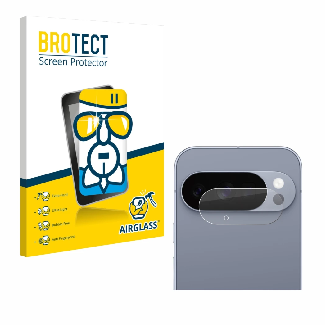 Front side of a product packaging with the brand logo BROTECT. Next to it is the device Google Pixel 10 Pro (ONLY Camera Lens)