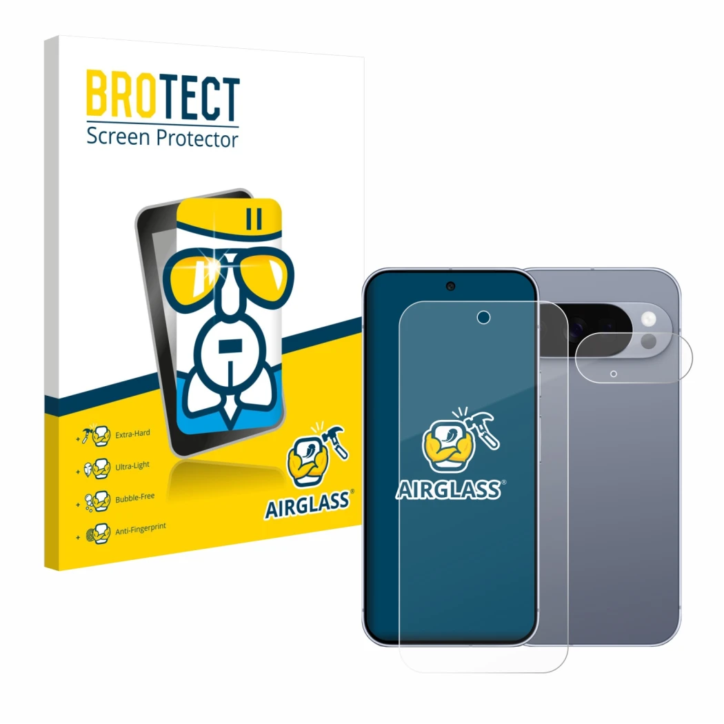 Front side of a product packaging with the brand logo BROTECT. Next to it is the device Google Pixel 10 Pro (Front+Camera) sho
