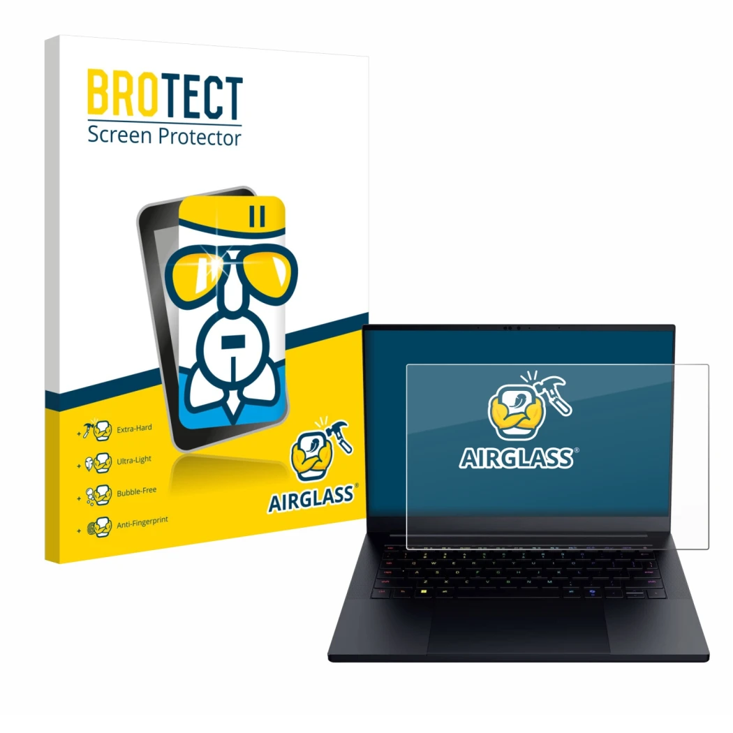 Front side of a product packaging with the brand logo BROTECT. Next to it is the device Razer Blade 14 2025 shown with the cor