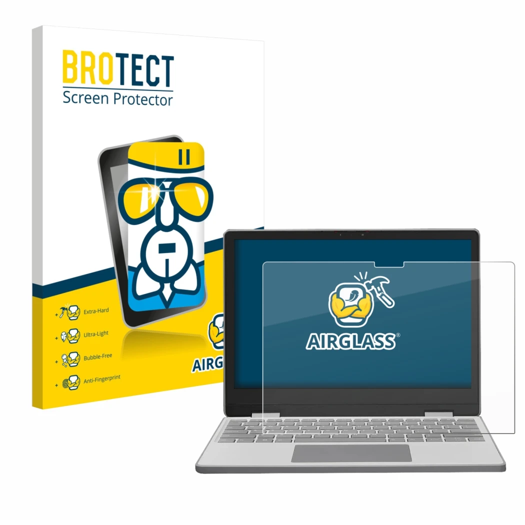 Front side of a product packaging with the brand logo BROTECT. Next to it is the device Framework Laptop 12 shown with the cor