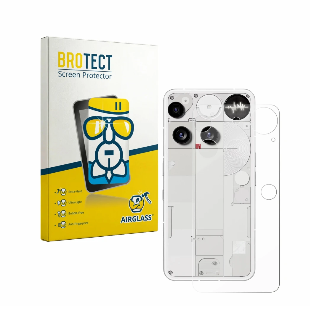 Front side of a product packaging with the brand logo BROTECT. Next to it is the device Nothing Phone (3) (Back) shown with th