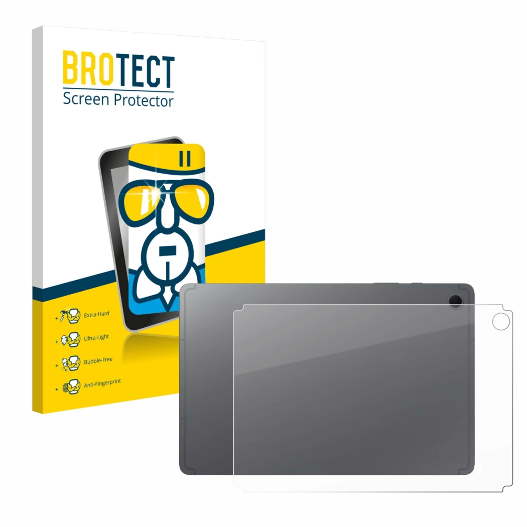 Front side of a product packaging with the brand logo BROTECT. Next to it is the device Samsung Galaxy Tab S10 Lite (Back) sho