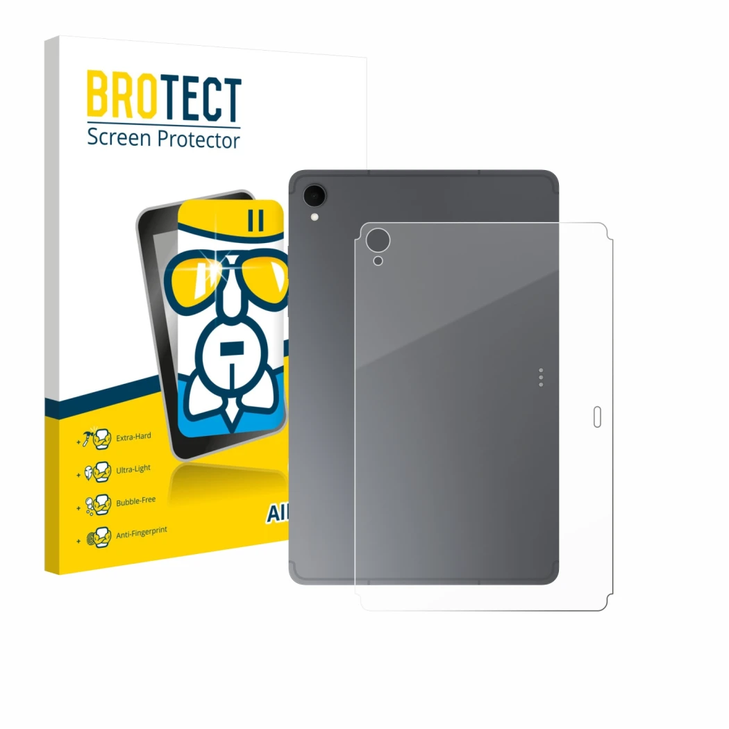 Front side of a product packaging with the brand logo BROTECT. Next to it is the device Samsung Galaxy Tab S11 (Back) shown wi