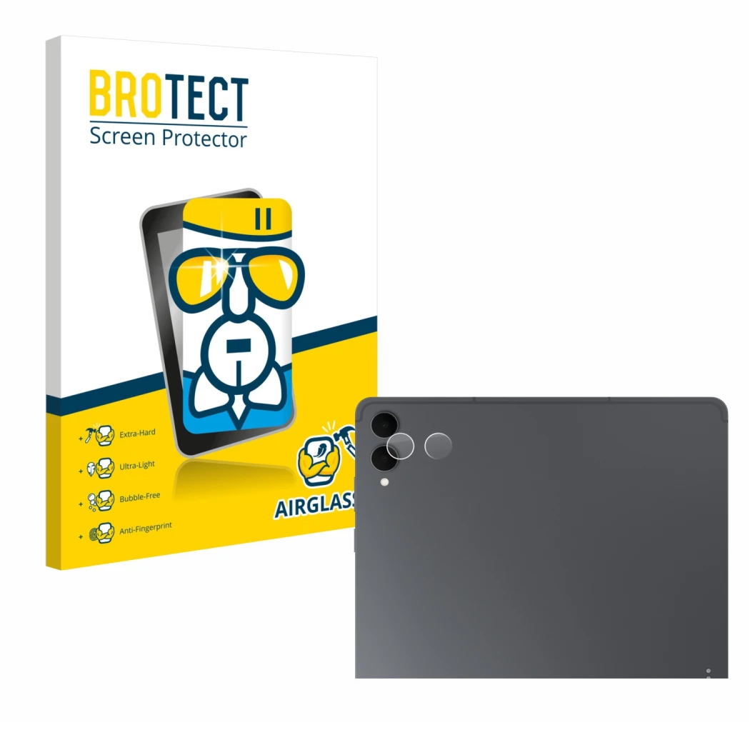 Front side of a product packaging with the brand logo BROTECT. Next to it is the device Samsung Galaxy Tab S11 Ultra (ONLY Cam