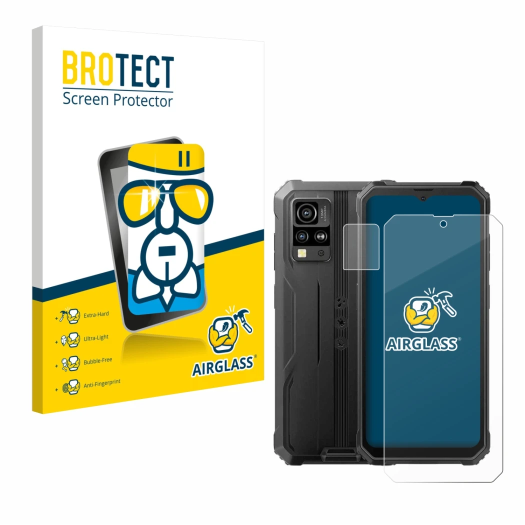 Front side of a product packaging with the brand logo BROTECT. Next to it is the device Blackview BV4800 (Front+Camera) shown 