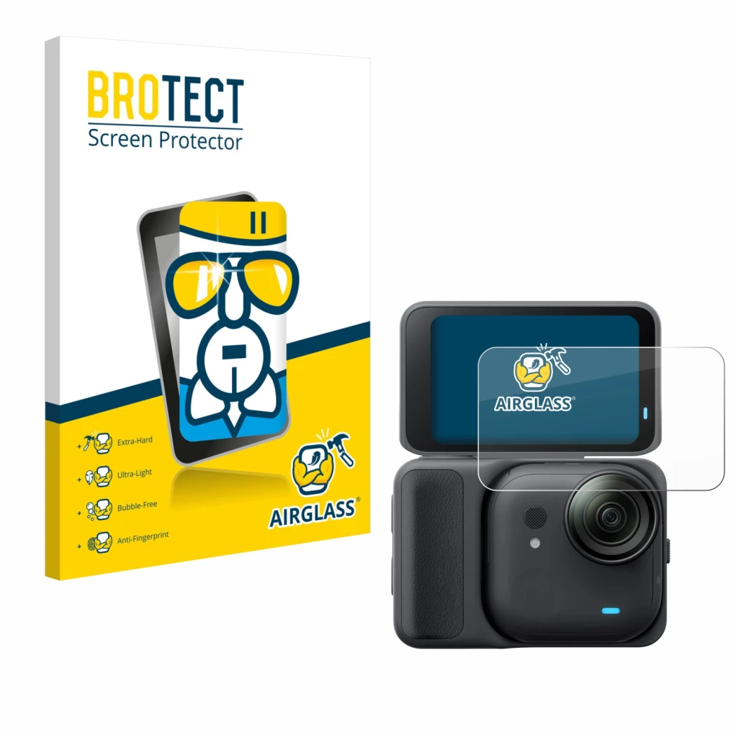Front side of a product packaging with the brand logo BROTECT. Next to it is the device Insta360 Go Ultra shown with the corre