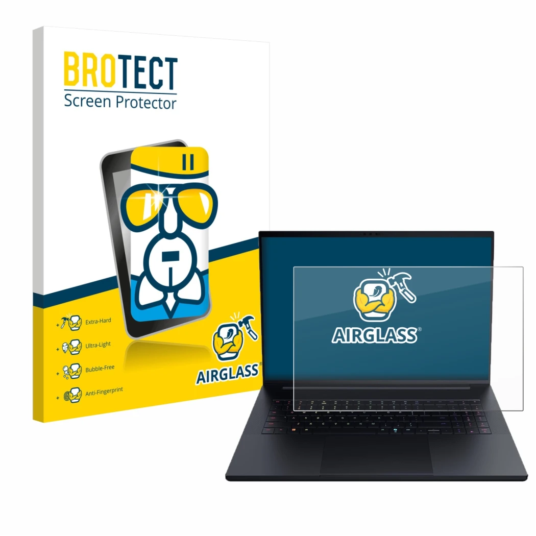 Front side of a product packaging with the brand logo BROTECT. Next to it is the device Razer Blade 18 2025 shown with the cor