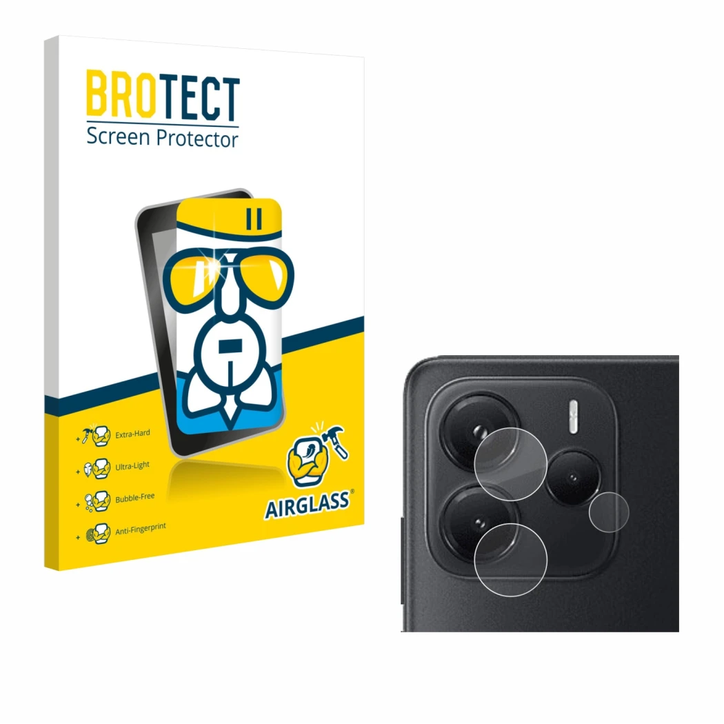 Front side of a product packaging with the brand logo BROTECT. Next to it is the device Xiaomi Redmi Note 14 4G (ONLY Camera L