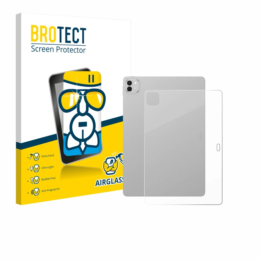 Front side of a product packaging with the brand logo BROTECT. Next to it is the device Honor Magicpad 3 (Back) shown with the