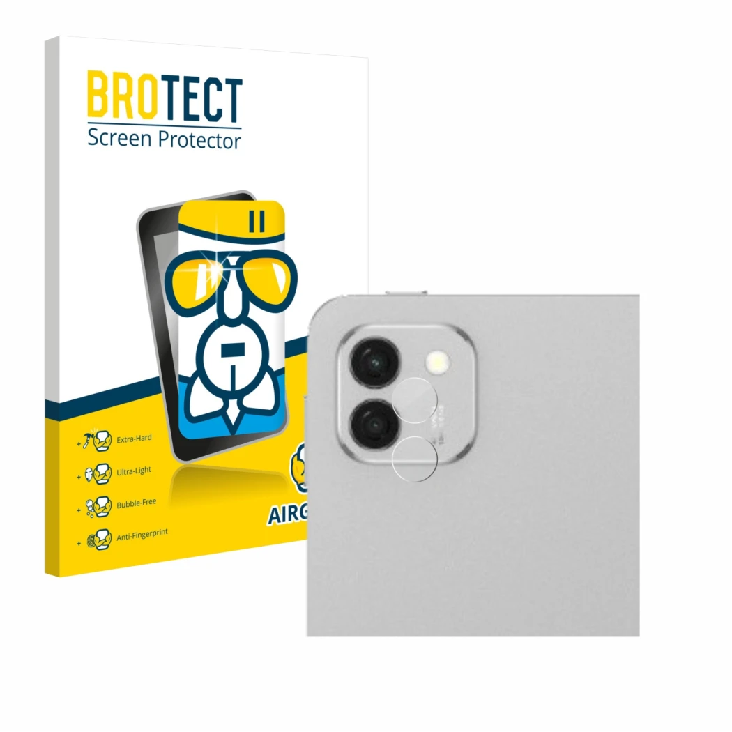 Front side of a product packaging with the brand logo BROTECT. Next to it is the device Honor Magicpad 3 (ONLY Camera Lens) sh