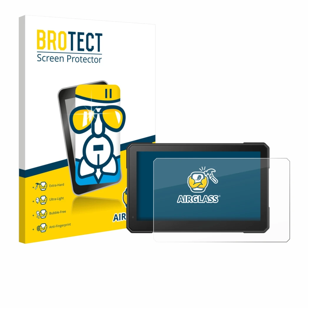 Front side of a product packaging with the brand logo BROTECT. Next to it is the device Interphone Sync 70 Essential shown wit