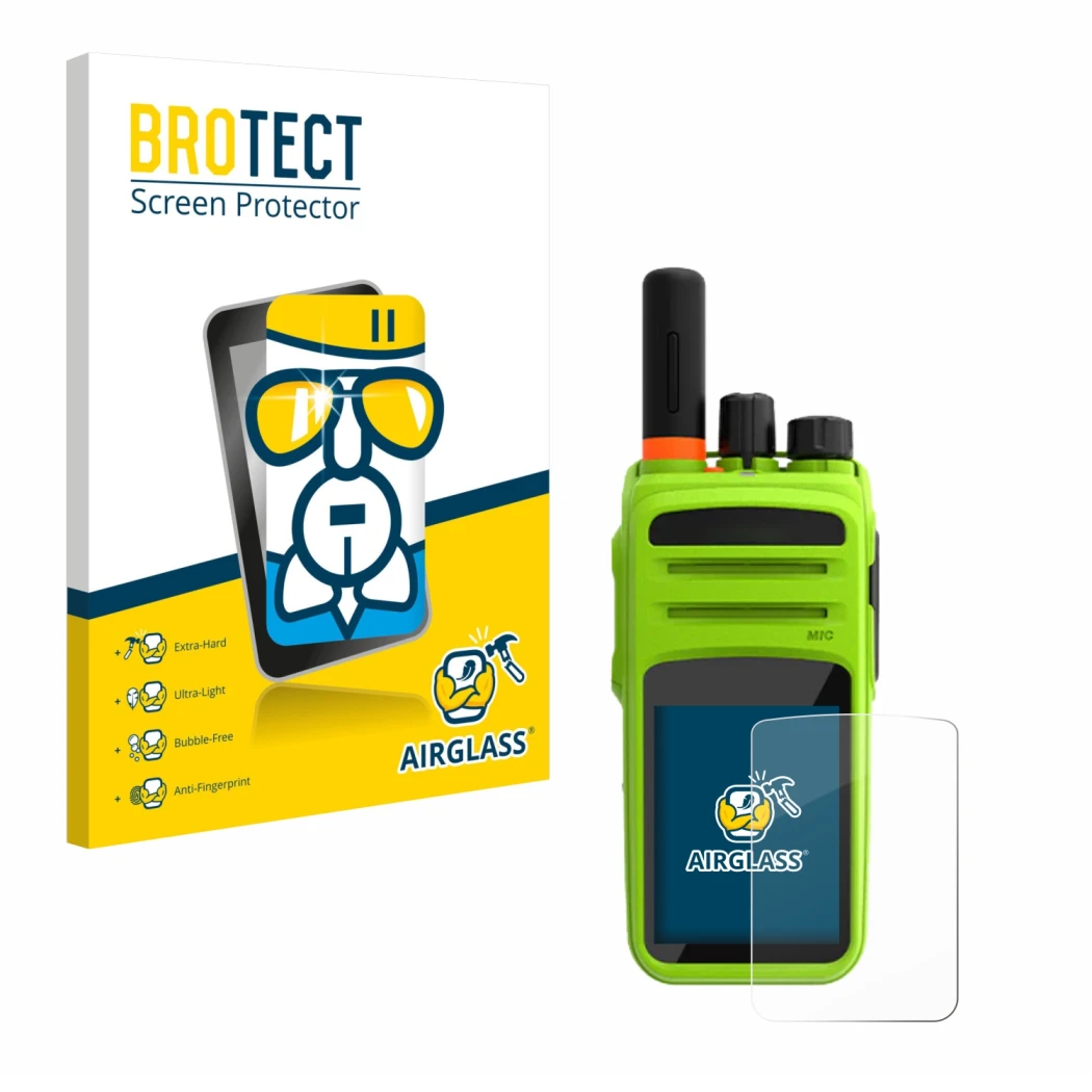 Front side of a product packaging with the brand logo BROTECT. Next to it is the device Talkpod N58 Plus shown with the corres