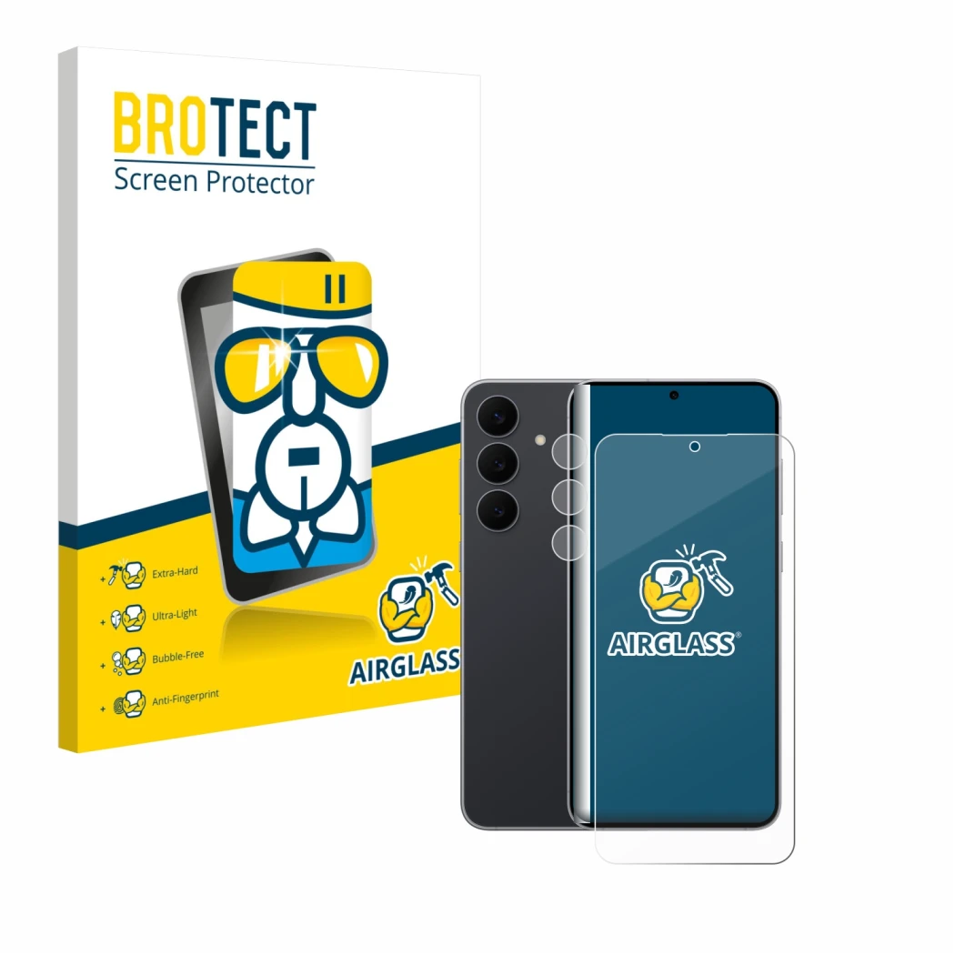 Front side of a product packaging with the brand logo BROTECT. Next to it is the device Samsung Galaxy S25 FE (Front+Camera) s