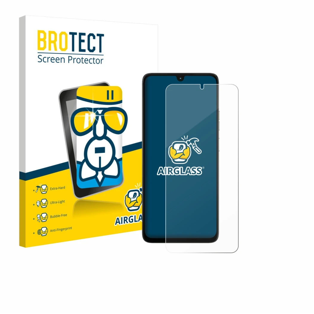 Front side of a product packaging with the brand logo BROTECT. Next to it is the device Motorola Moto G06 shown with the corre