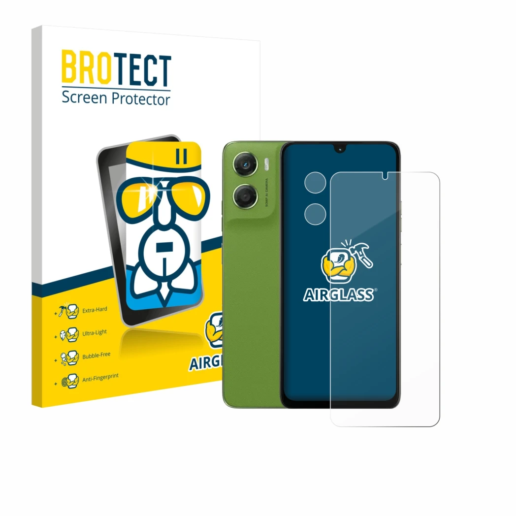 Front side of a product packaging with the brand logo BROTECT. Next to it is the device Motorola Moto G06 (Front+Camera) shown