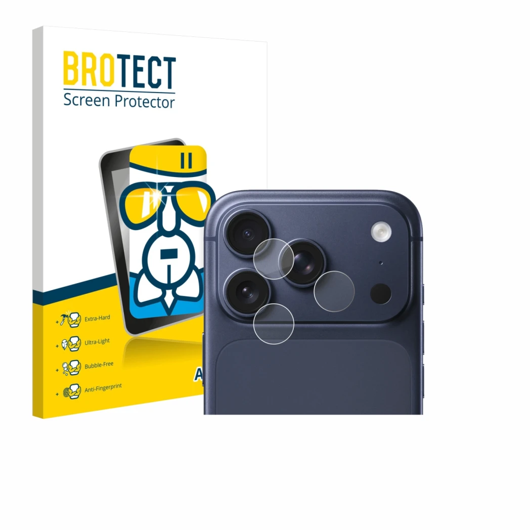 Front side of a product packaging with the brand logo BROTECT. Next to it is the device Apple iPhone 17 Pro (ONLY Camera Lens)