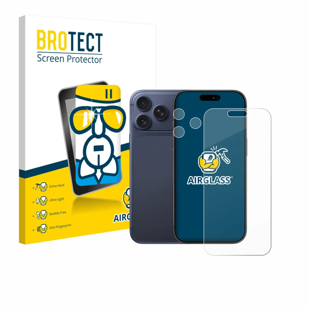 Front side of a product packaging with the brand logo BROTECT. Next to it is the device Apple iPhone 17 Pro Max (Front+Camera)