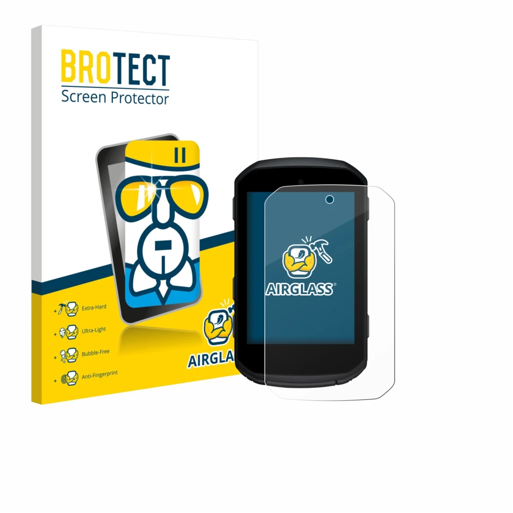 Front side of a product packaging with the brand logo BROTECT. Next to it is the device Garmin Edge 850 shown with the corresp