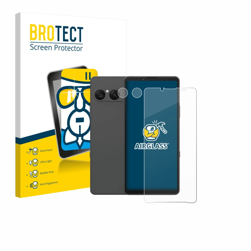 Front side of a product packaging with the brand logo BROTECT. Next to it is the device Sony Xperia 10 VII (Front+Camera) show