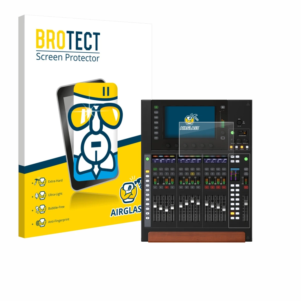 Front side of a product packaging with the brand logo BROTECT. Next to it is the device Behringer Wing Compact shown with the