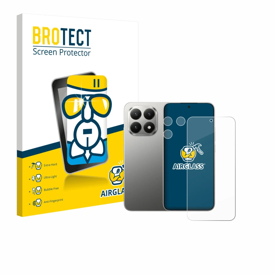 Front side of a product packaging with the brand logo BROTECT. Next to it is the device Xiaomi 15T (Front+Camera) shown with t