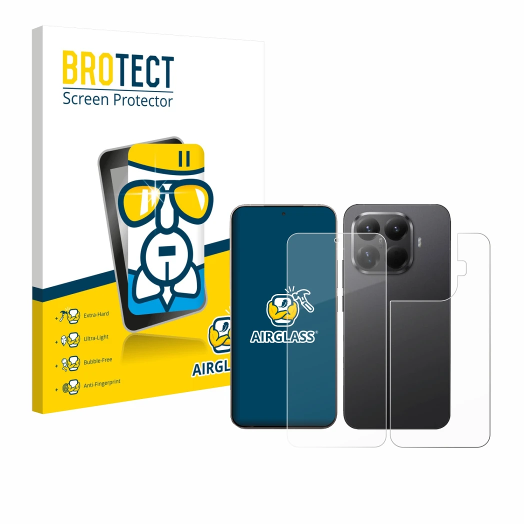 Front side of a product packaging with the brand logo BROTECT. Next to it is the device Xiaomi 15T Pro (Front+Back) shown with