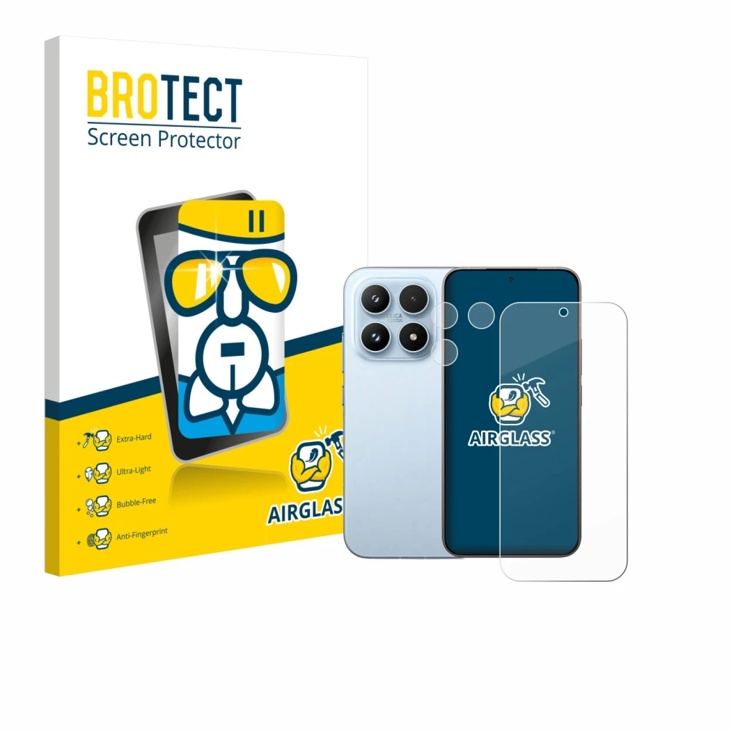 Front side of a product packaging with the brand logo BROTECT. Next to it is the device Xiaomi 17 (Front+Camera) shown with th