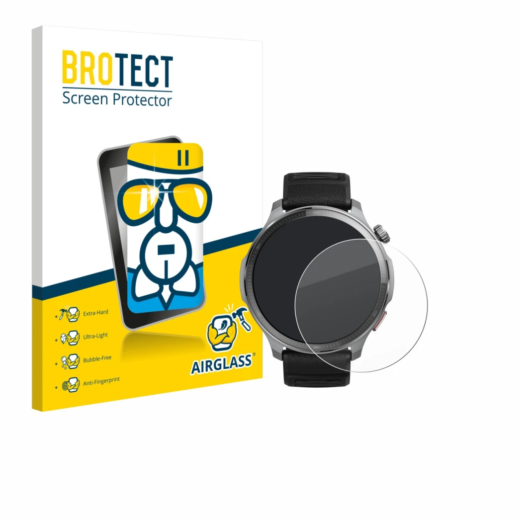 Front side of a product packaging with the brand logo BROTECT. Next to it is the device Huami Amazfit Balance 2 XT shown with 