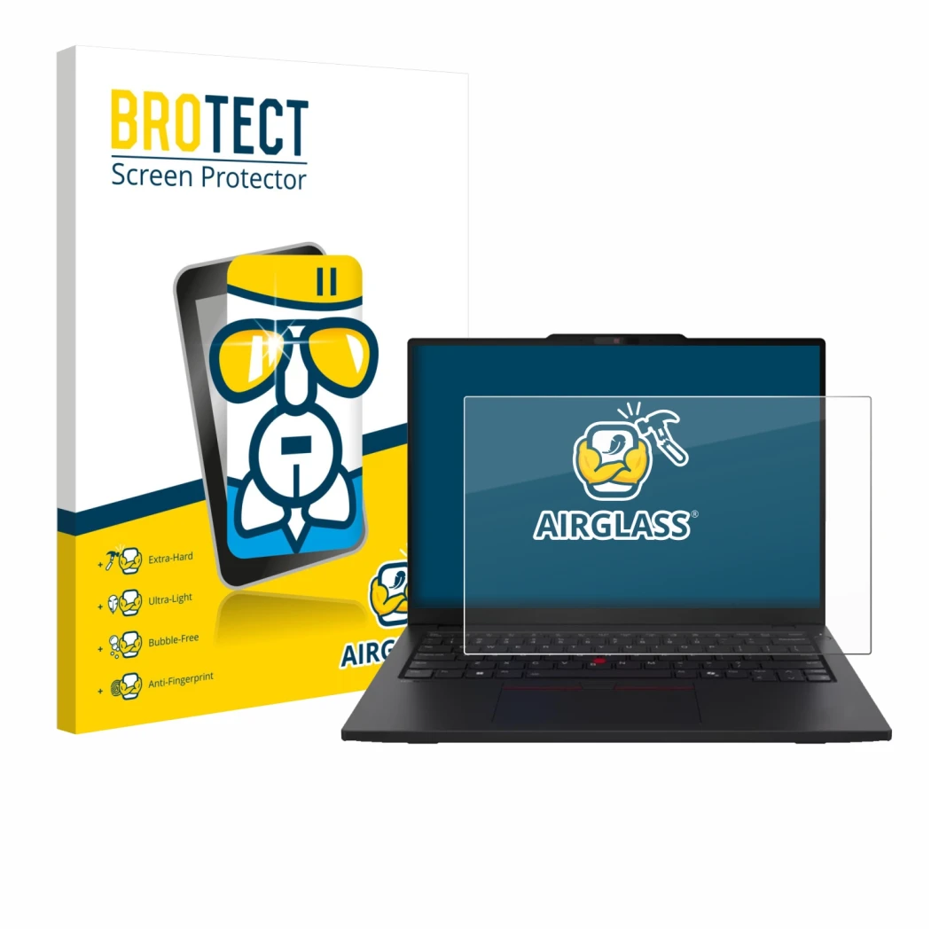 Front side of a product packaging with the brand logo BROTECT. Next to it is the device Lenovo ThinkPad L13 Gen 6 shown with t