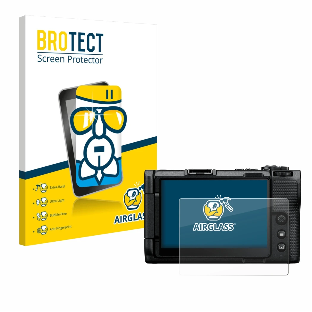 Front side of a product packaging with the brand logo BROTECT. Next to it is the device Nikon ZR shown with the corresponding 