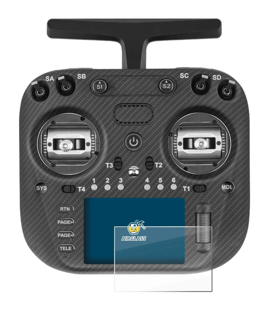 Image of the device Radiomaster TX15 Max with a wide variety of screen protectors.