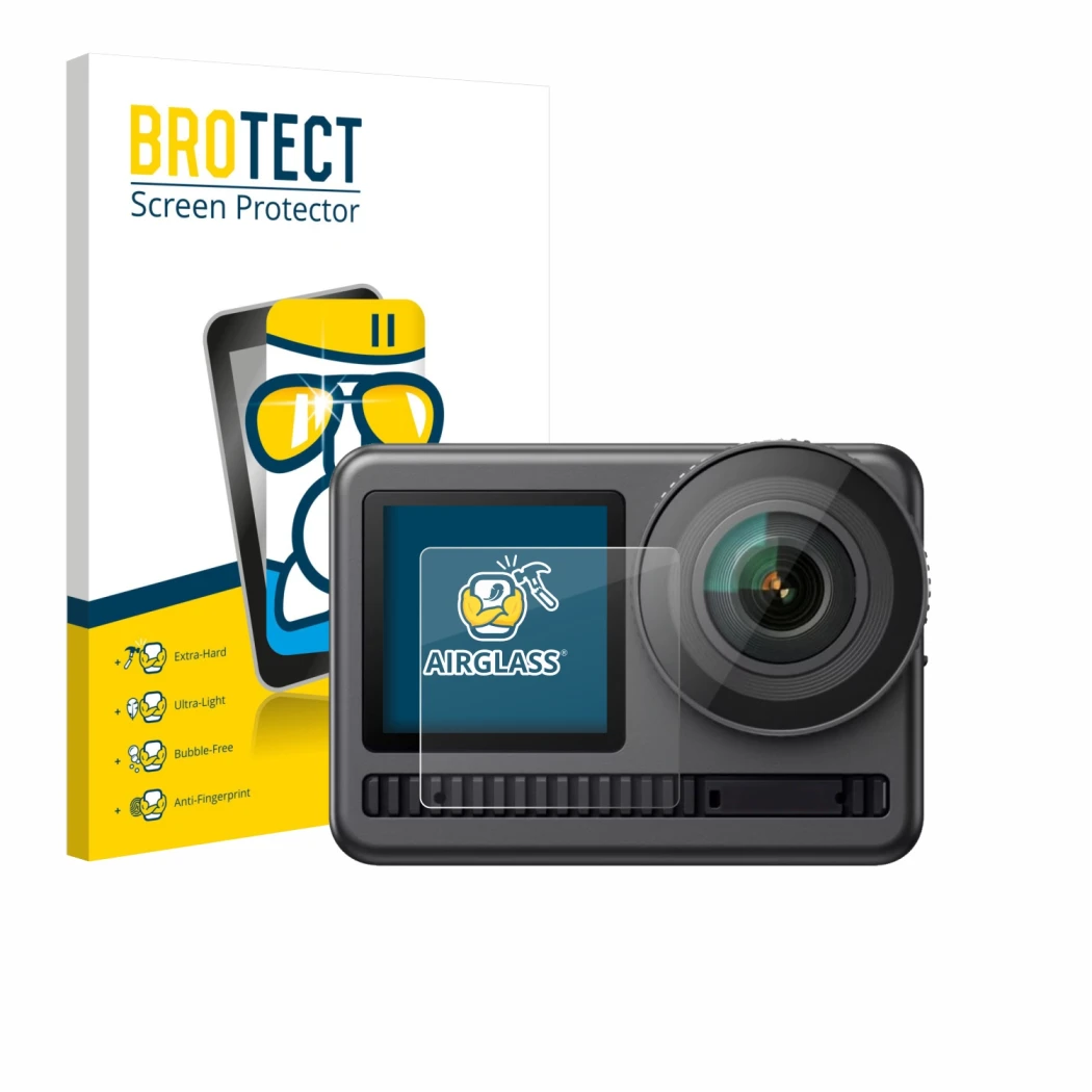 Front side of a product packaging with the brand logo BROTECT. Next to it is the device Akaso Brave 8 (Front display) shown wi