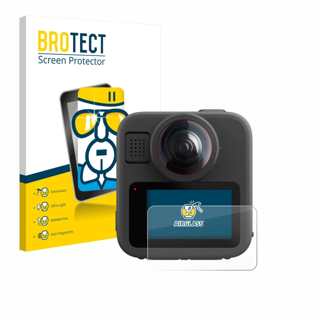 Front side of a product packaging with the brand logo BROTECT. Next to it is the device GoPro Max 2 shown with the correspondi