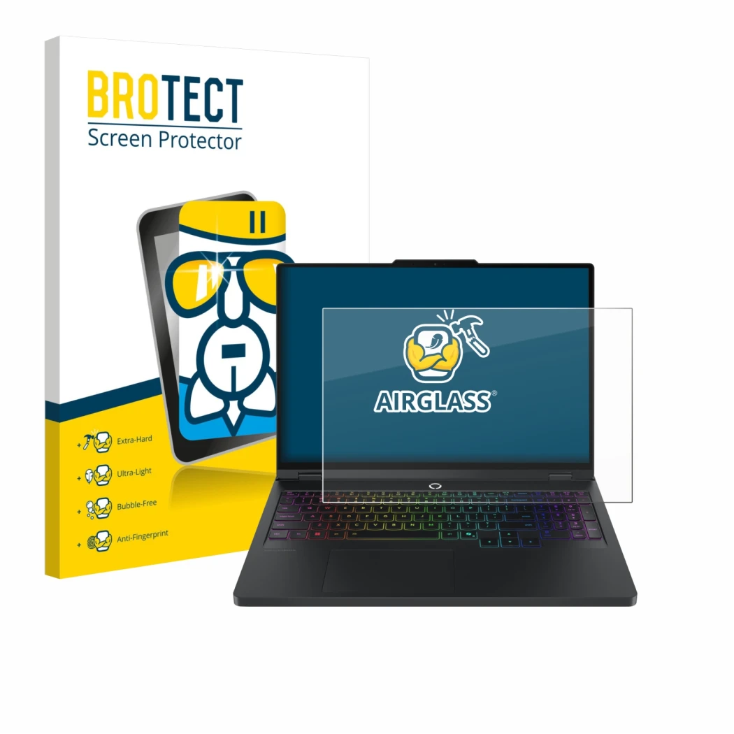 Front side of a product packaging with the brand logo BROTECT. Next to it is the device Lenovo Legion Pro 5 Gen 10 16