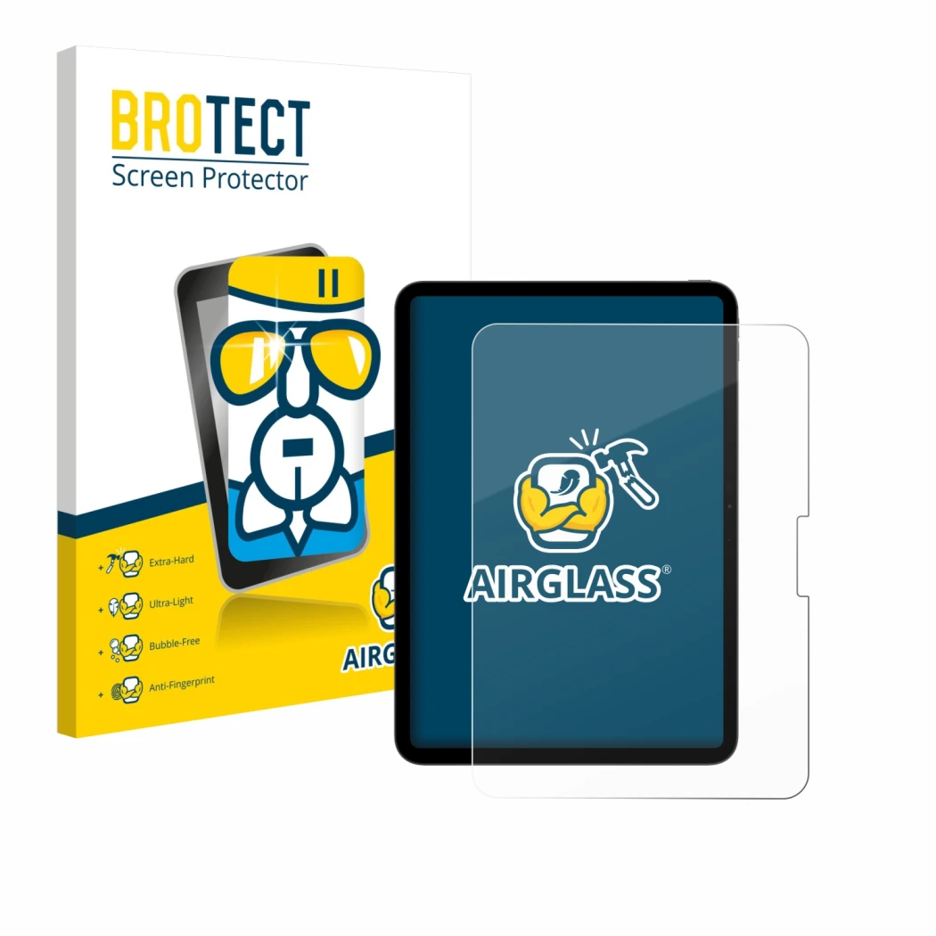 Front side of a product packaging with the brand logo BROTECT. Next to it is the device Apple iPad Pro 11