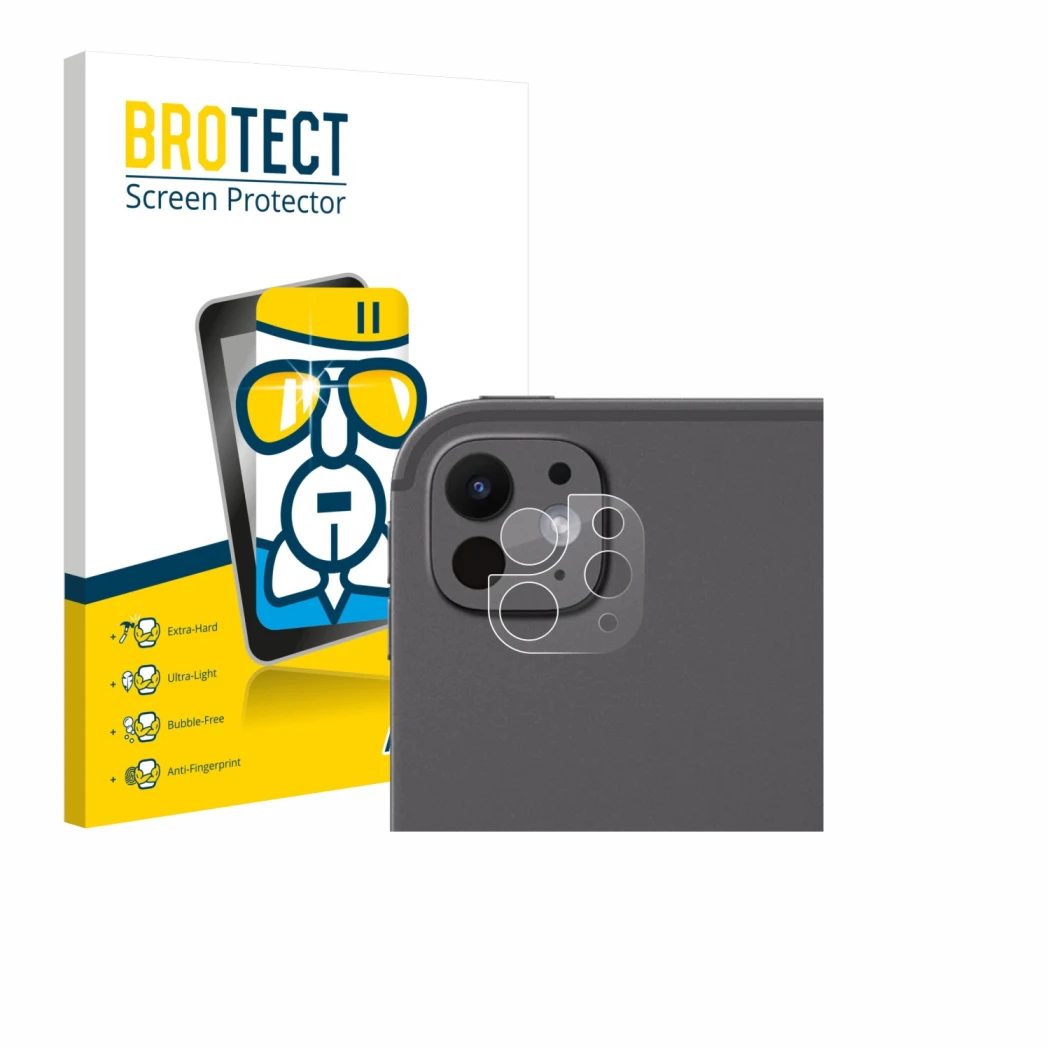 Front side of a product packaging with the brand logo BROTECT. Next to it is the device Apple iPad Pro 11