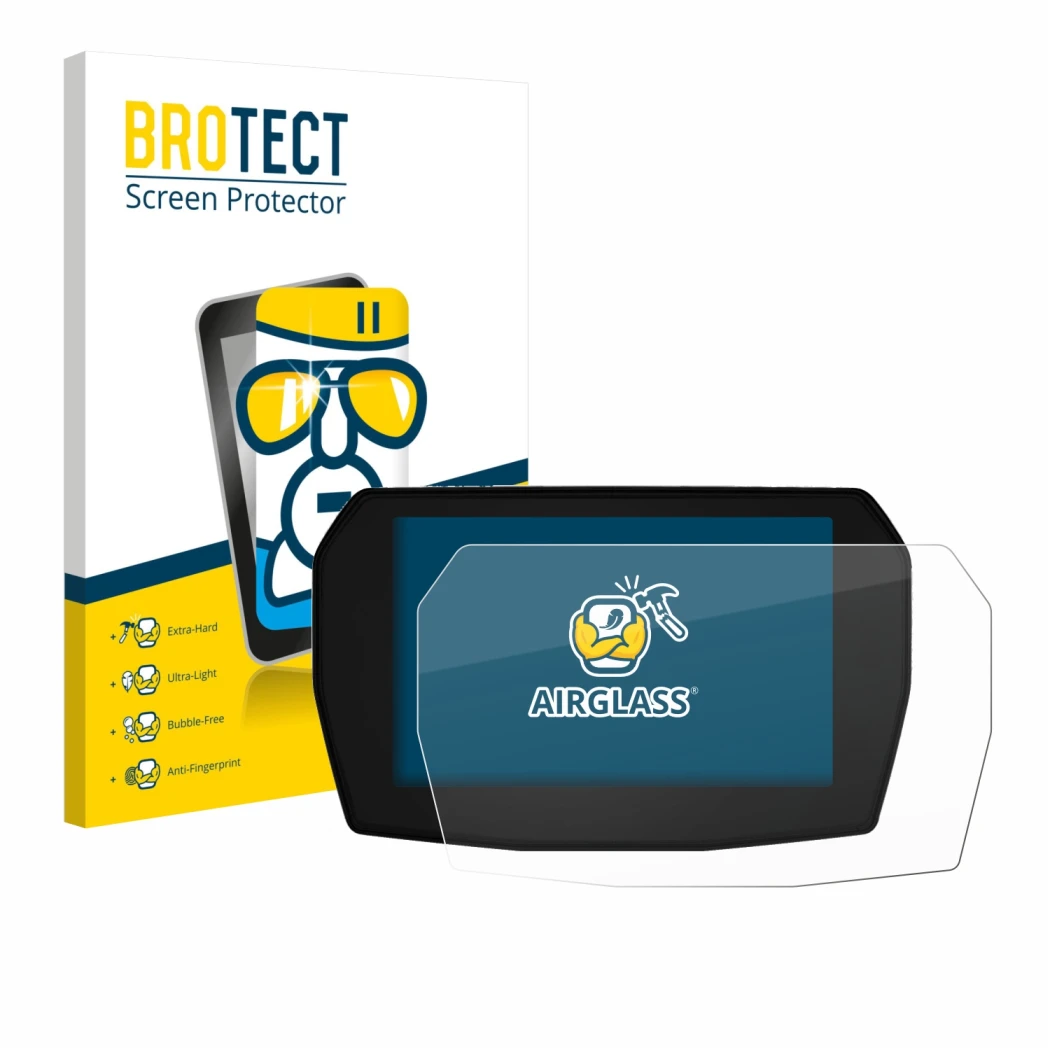 Front side of a product packaging with the brand logo BROTECT. Next to it is the device Ducati Panigale V2 2025 shown with the