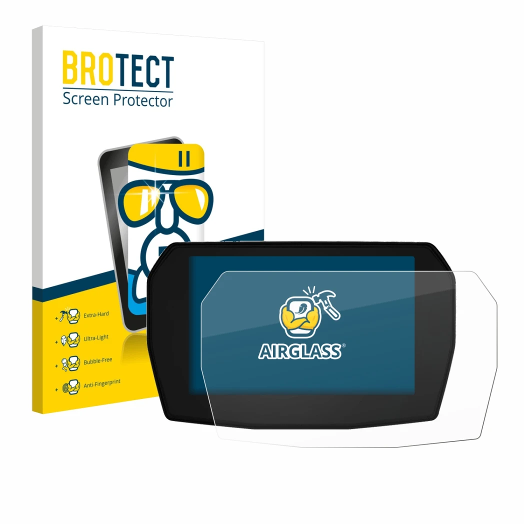 Front side of a product packaging with the brand logo BROTECT. Next to it is the device Ducati Streetfighter V2 2025 shown wit