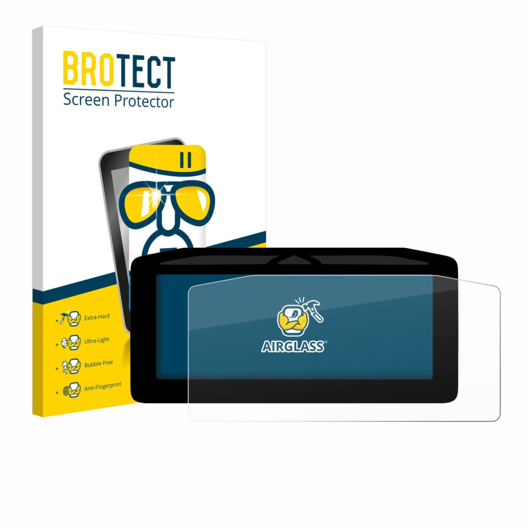 Front side of a product packaging with the brand logo BROTECT. Next to it is the device Ducati Panigale V4 2025 shown with the