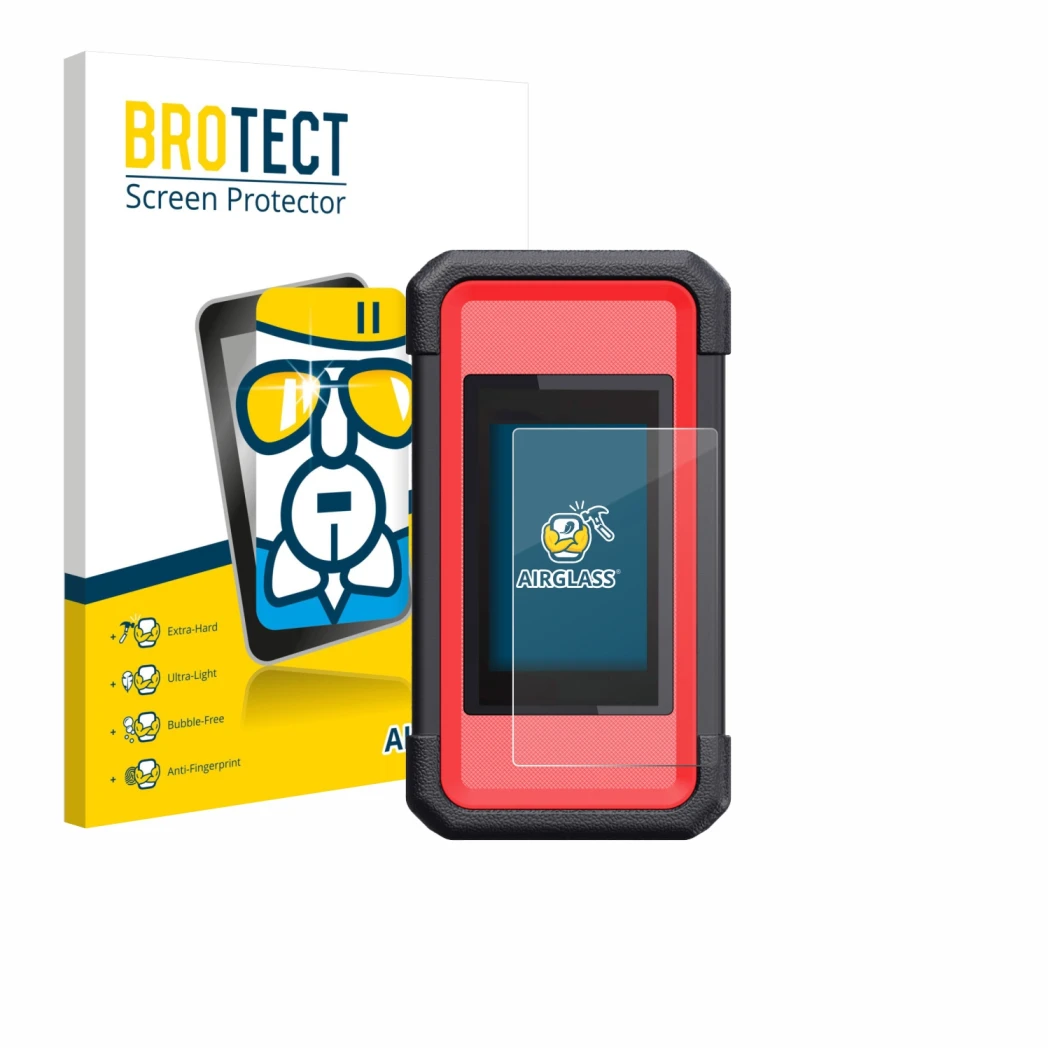 Front side of a product packaging with the brand logo BROTECT. Next to it is the device Launch X431 SmartLink C V2.0 shown wit