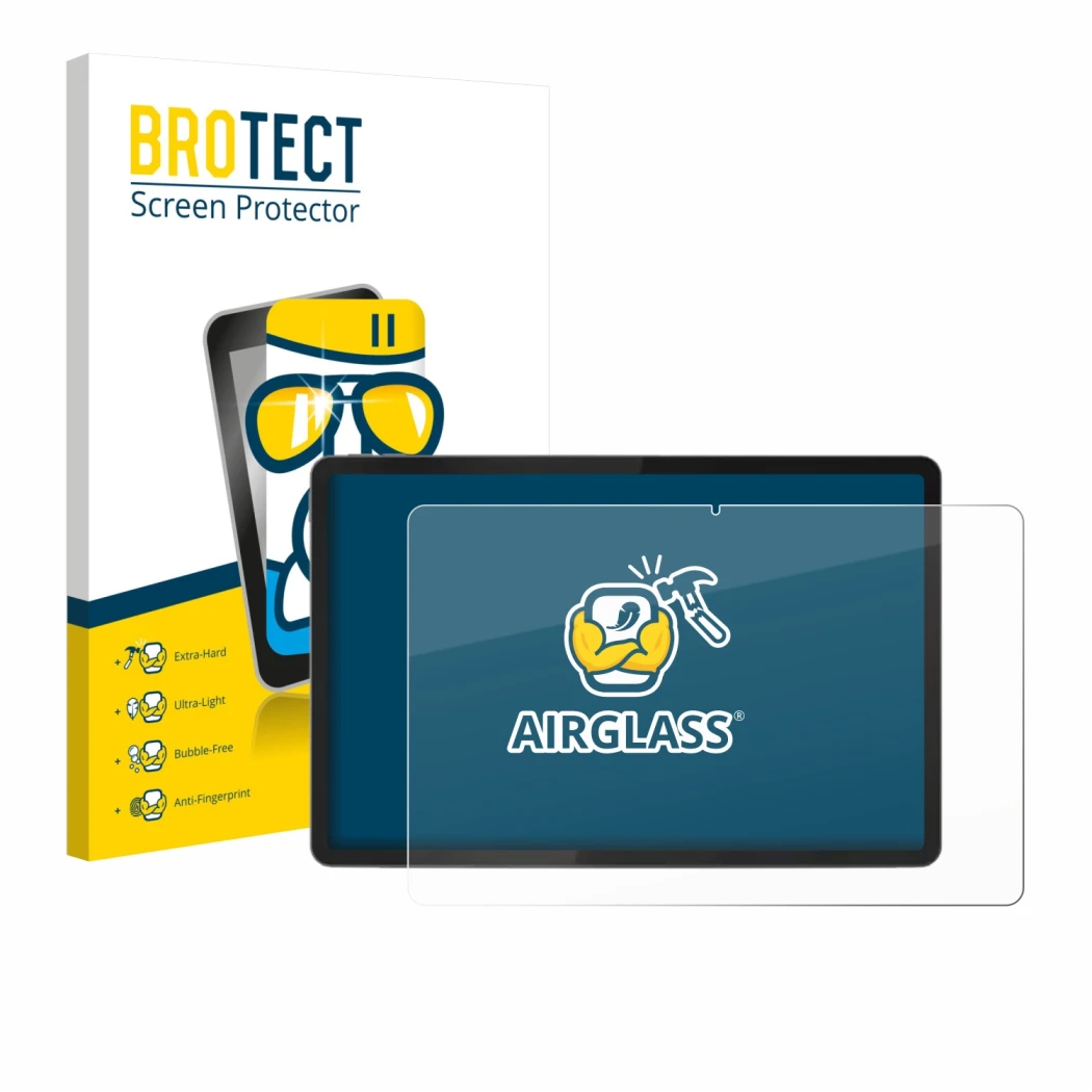 Front side of a product packaging with the brand logo BROTECT. Next to it is the device Lenovo Tab K11 (2nd Gen.) shown with t