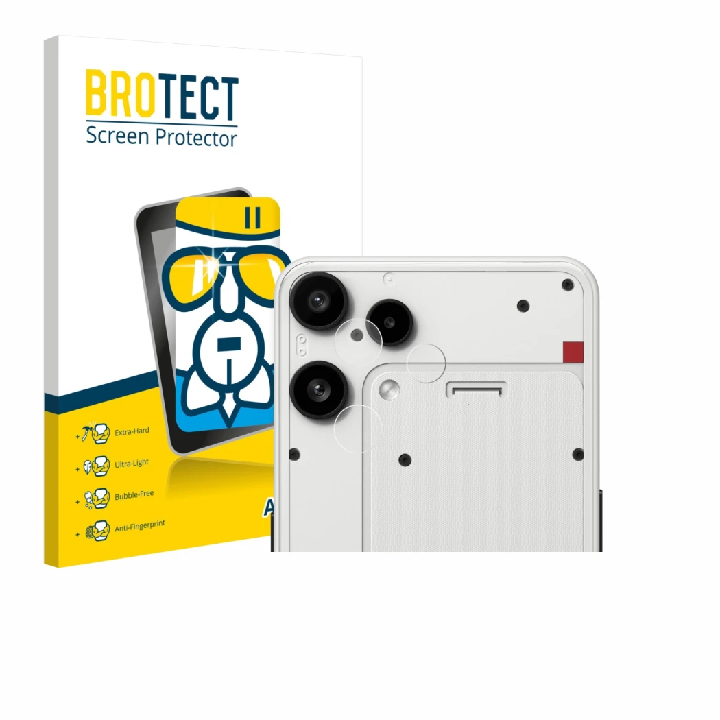 Front side of a product packaging with the brand logo BROTECT. Next to it is the device Nothing Phone (3a) Lite (ONLY Camera L