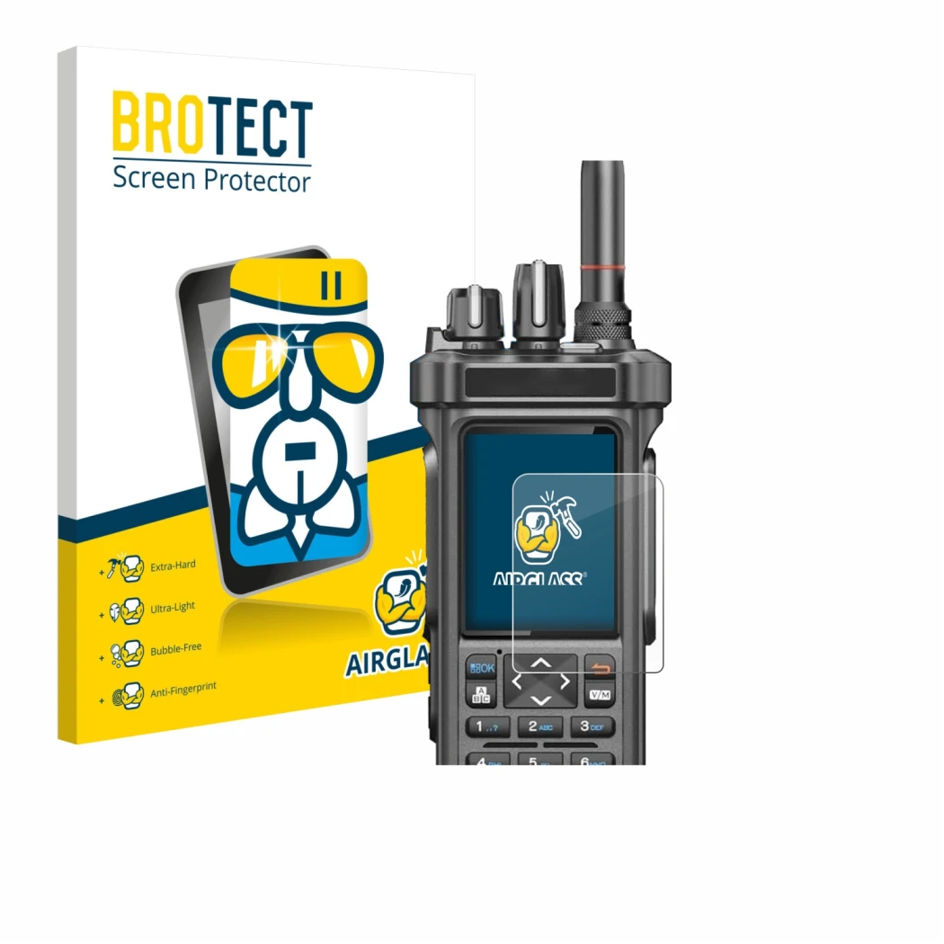Front side of a product packaging with the brand logo BROTECT. Next to it is the device Radtel RT-950 Pro shown with the corre