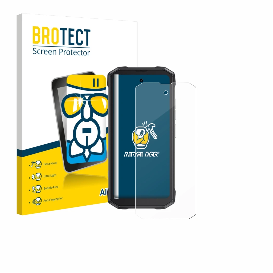 Front side of a product packaging with the brand logo BROTECT. Next to it is the device Cubot King Kong Mini 4 shown with the 