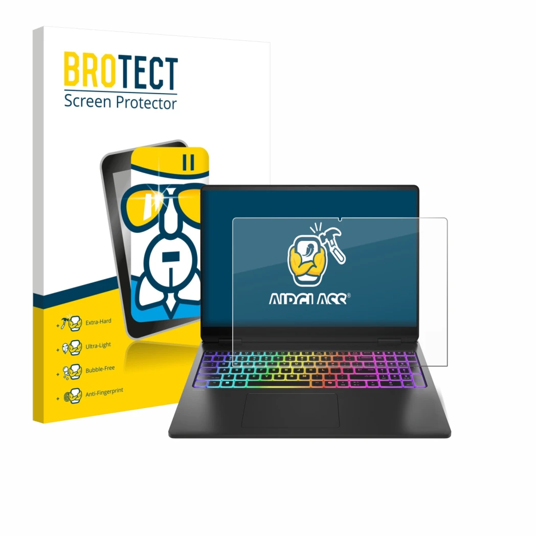Front side of a product packaging with the brand logo BROTECT. Next to it is the device HP Omen Max 16 shown with the correspo